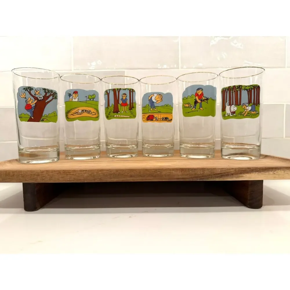 Vintage Ashby Cartoon Golf Tumbler Drinking Glasses Set‎ of 6